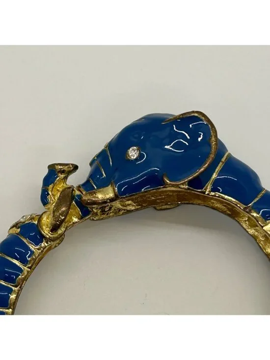 Vintage Enamel Gold-Tone Hinged Teal Blue Elephant Clamper Bangle Bracelet Rhine - Picture 7 of 11